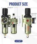 Air Regulator With Gauge And Water Separator For One Half Inch NPT Air Line, Pro Grade Pneumatic Filter dimensions shown