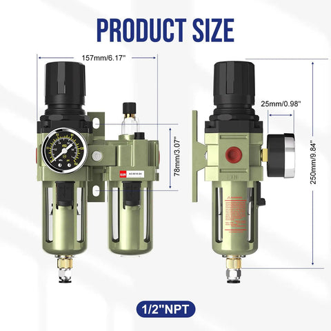 Air Regulator With Gauge And Water Separator For One Half Inch NPT Air Line, Pro Grade Pneumatic Filter dimensions shown
