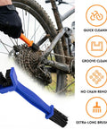 Two Pack Motorcycle Chain Cleaning Brush Set With Double-Ended Design Three-Sided And Long Bristles For Deep Clean Dirt Scrubber For Chains Cranksets Gears On Motorcycles Bicycles Mountain Bikes Red And Blue shown in use on a bike chain with close-up of a blue brush.