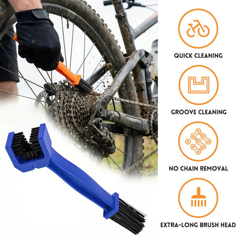 Two Pack Motorcycle Chain Cleaning Brush Set With Double-Ended Design Three-Sided And Long Bristles For Deep Clean Dirt Scrubber For Chains Cranksets Gears On Motorcycles Bicycles Mountain Bikes Red And Blue shown in use on a bike chain with close-up of a blue brush.