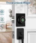 Smart Fingerprint Deadbolt With App Bluetooth For Front Door Keyless Entry Lock installed on white door, showing three unlock options.