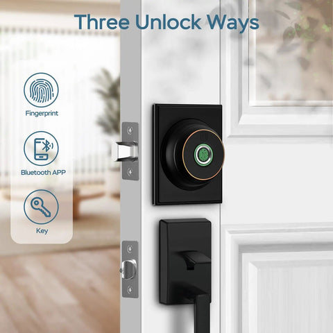 Smart Fingerprint Deadbolt With App Bluetooth For Front Door Keyless Entry Lock installed on white door, showing three unlock options.