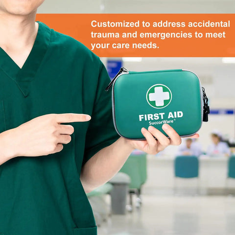 Person holding Ultra Compact 150 Piece First Aid Kit With Hard Shell, Emergency Medical Kit For Car, Travel, Home, Outdoor