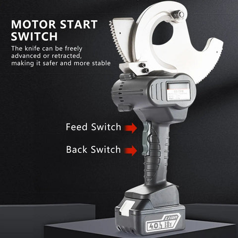 Heavy Duty Cordless Electric Wire Scissors With Ratchet Mechanism For Copper Aluminum Cables And Armored Wire showing motor start switch functionality.