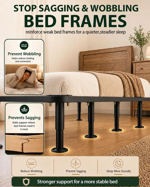 Solid As A Rock Adjustable Metal Bed Support Legs 4 Pack Heavy Duty Center Pillars 7 To 12.6 Inch adjusts bed frames to prevent sagging.