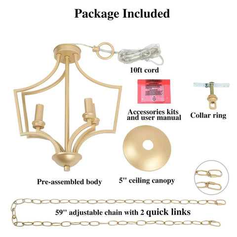 Package contents for Gold Chandelier Pendant Light For Kitchen Island Dining And Living Room With Matte Gold Finish Mid Century Modern Open Frame Geometric Metal Design Featuring Three Upward Arms For A Dope Everyday Vibe