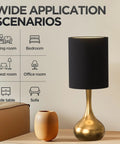 Modern Table Lamp With Brass Droplet Base And Black Linen Drum Shade Perfect For Bedroom Nightstand Living Room Or Office