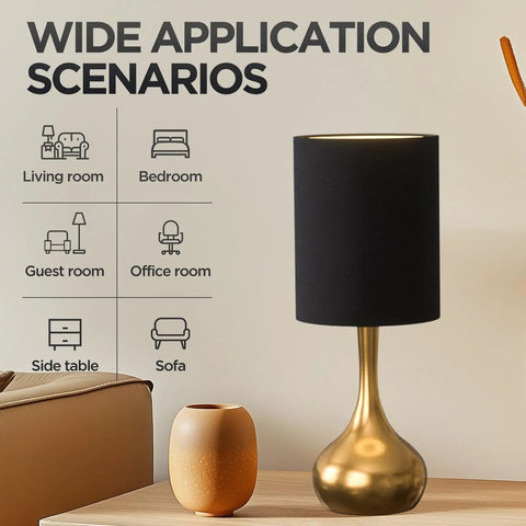Modern Table Lamp With Brass Droplet Base And Black Linen Drum Shade Perfect For Bedroom Nightstand Living Room Or Office