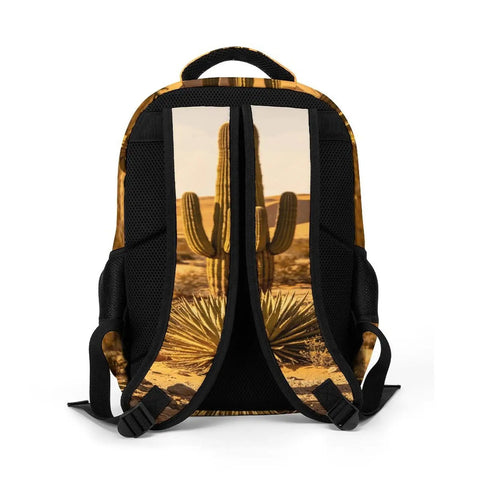 Back view of Warm Sand Dune Desert Flora Printed Unisex Backpack With Large Capacity Durable Polyester Breathable Comfort Smooth Zipper