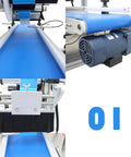 Heavy Duty Automatic Round Bottle Labeling Machine With Conveyor Desktop Applicator showing blue conveyor belt and motor.