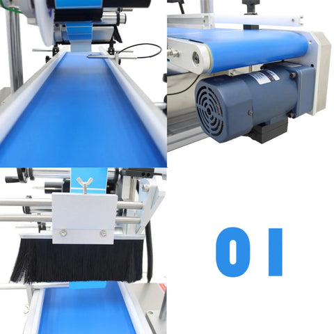 Heavy Duty Automatic Round Bottle Labeling Machine With Conveyor Desktop Applicator showing blue conveyor belt and motor.