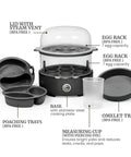 Egg Cooker That Boils Up To 14 Eggs At Once With Two Tier Design, lid, egg racks, poaching and omelet trays, measuring cup, black
