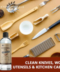 Real Deal Food Grade Mineral Oil For Cutting Boards Includes A Wax Applicator That Knocks Out Dryness On Butcher Block Surfaces And Delivers A Slick Finish with wooden kitchen tools.