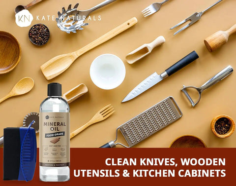 Real Deal Food Grade Mineral Oil For Cutting Boards Includes A Wax Applicator That Knocks Out Dryness On Butcher Block Surfaces And Delivers A Slick Finish with wooden kitchen tools.