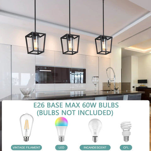 Black Pendant Light For Kitchen Island, 1 Light Modern Farmhouse Cage Lantern With Glass Shade over a kitchen island.