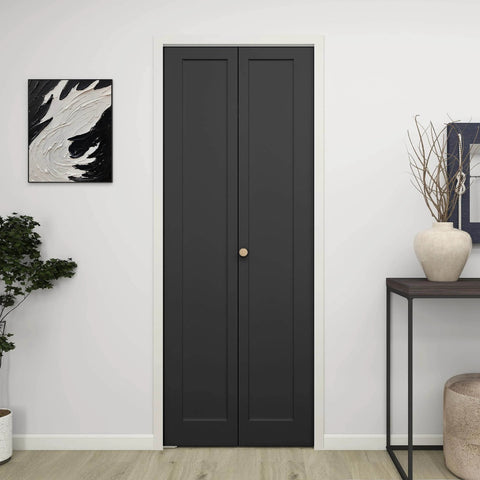 30 Inch By 80 Inch Bifold Barn Door Vinyl Wrapped Textured Black One Panel Bifold Closet Door With Hardware Kit Waterproof installed