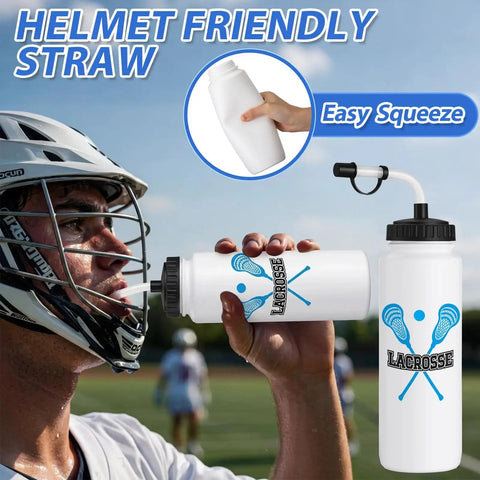 Player using 6 Pack Lacrosse Water Bottles With Extra Long Straws And Caps 1 Liter BPA Free Reusable Hydration Bottles on field