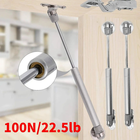 2 Piece Soft Close Cabinet Hinges With 100N Gas Strut Lid Support, silver metal hydraulic lift, ideal for kitchen cupboards.