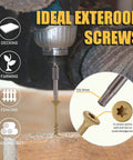 Tan Rust Resistant Deck Screws Set 150 Pieces In 3 Sizes 8x1-1/2, 8x2, 10x3 No Pre-Drill For Pressure Treated Lumber and Composite Decking Outdoor Fence 1000H Salt Spray Tested T25 Torx Anti-Strip showcased drilling into wood with T25 drive detail inset.