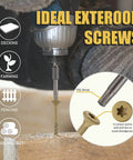 Tan Epoxy Coated Deck Screws Set with T25 Torx bit, installed in wood, showcasing rust resistance for outdoor use.