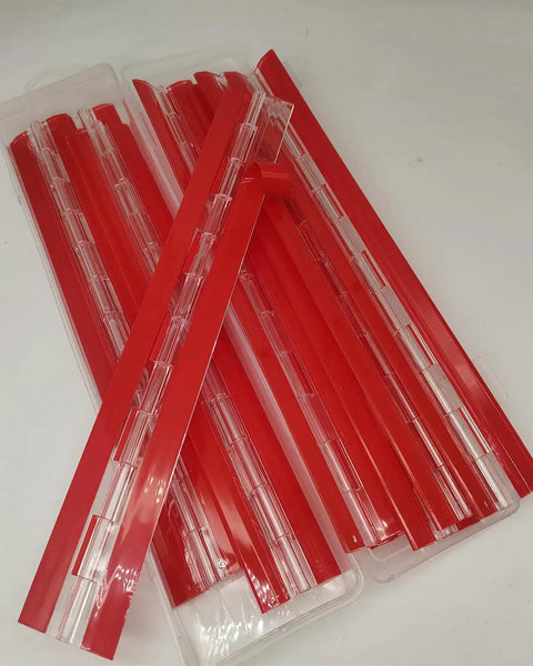 Twelve Inch Clear Acrylic Self Adhesive Piano Hinges Ten Pack with red backing, ideal for garage doors and cabinets.