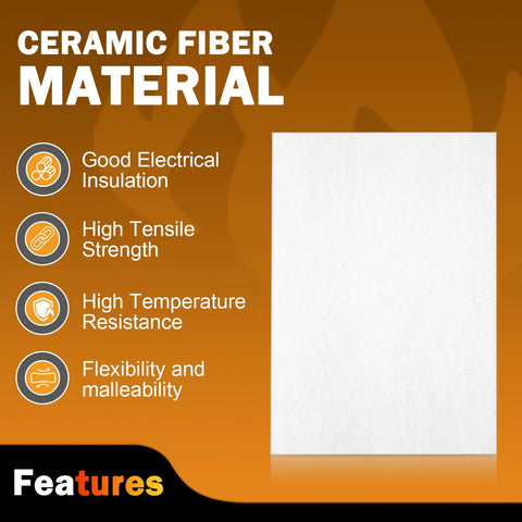 Front view: white ceramic fiber gasket sheet beside orange infographic highlighting insulation, high tensile strength and high temperature resistance