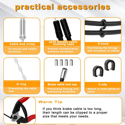 Universal Bike Cable Kit With Eight Inch Stainless Steel Wire Cutter And Brake And Shifter Cables Housing End Caps For MTB And Road Bikes Repair Professional Grade practical accessories displayed