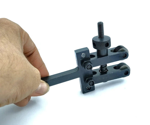 Person holding spring loaded clamp type knurling tool for lathes 2 inch capacity 3/8 inch shank heavy duty alloy steel
