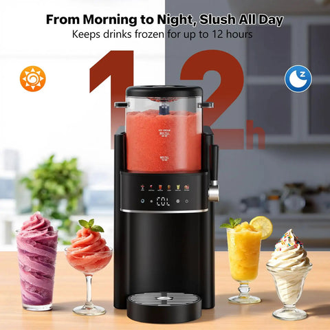 Super Chill Slushie Maker For Home With Rapid Freeze Ice Cream Cycle And Forty Ounce Basin In Matte Black Body with frozen drinks.