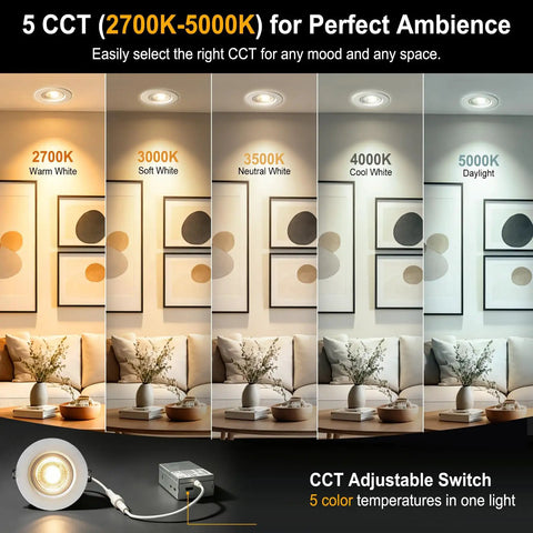 Omilora 4 Inch Gimbal Recessed Lights, Adjustable Eyeball Downlight,12 Pack with 5 color temperature options displayed.