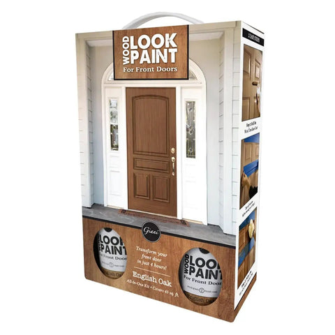 Wood Look Door Paint Kit for Front and Interior Doors in English Oak, shown in packaging with three-step application details