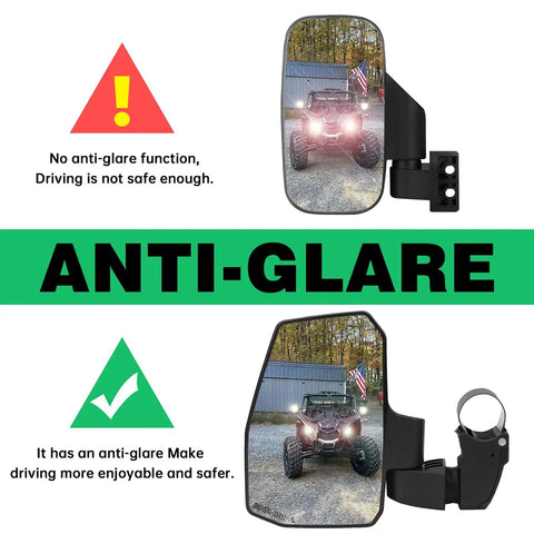 Anti-glare comparison of Auto Reset UTV Side Mirrors For 1.5 To 2.0 Inch Roll Cages, Rugged Mirrors Compatible With Polaris RZR, Can Am Maverick, Honda Pioneer SXS, Kawasaki Mule