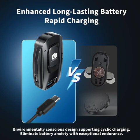 2 Pack Rechargeable Wireless Camera Remote Shutter for iPhone and Android Phones showing charging cable and battery comparison.