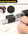 Compact Mini Lathe Machine For Metal Turning And Woodworking in use shaping wood beads with tools and finished jewelry samples.