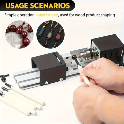 Compact Mini Lathe Machine For Metal Turning And Woodworking in use shaping wood beads with tools and finished jewelry samples.