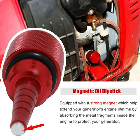 Extended Run Fuel Cap, No Mess Oil Change Funnel And Magnetic Dipstick In Red Aluminum For EU1000i EU2000i EU3000i Handi Generators Four Pack, Durable CNC Billet Aluminum Build showing red magnetic dipstick close-up in generator engine.