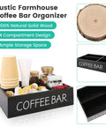 Wooden Coffee Bar Organizer With Four Compartments And Removable Dividers for kitchen; pods, creamers, sugar packs organized neatly.