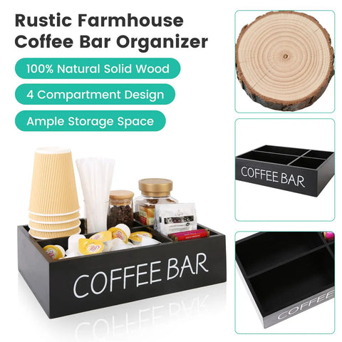 Wooden Coffee Bar Organizer With Four Compartments And Removable Dividers for kitchen; pods, creamers, sugar packs organized neatly.