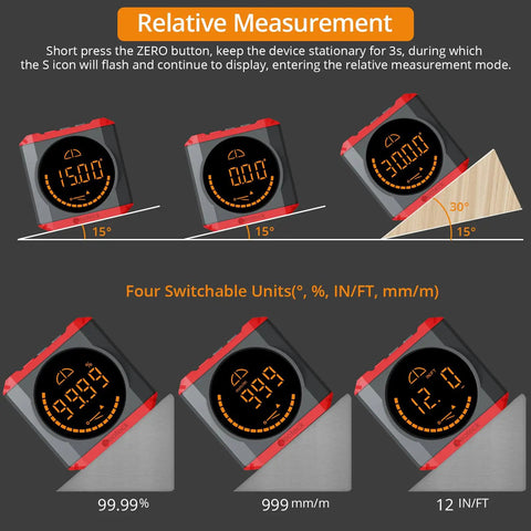 Pro Digital Angle Finder With Led Rechargeable Level Magnetic Base Waterproof Bevel Gauge Inclinometer displaying measurements at various angles.