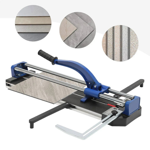 24 Inch Manual Tile Cutter With Tungsten Alloy Wheel And Guided Rail For Butter Smooth Ceramic Porcelain Cuts on a work surface.