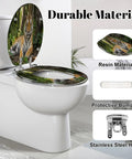Elongated Tiger portrait Toilet Seat shown on a toilet with resin material, stainless steel hinges, and protective bumpers.