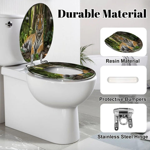 Elongated Tiger portrait Toilet Seat shown on a toilet with resin material, stainless steel hinges, and protective bumpers.