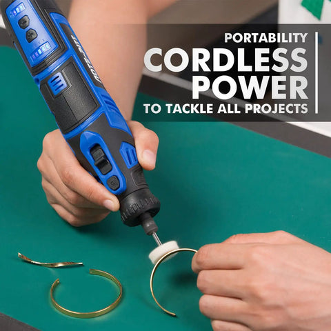 Person using 8V Cordless Rotary Tool Kit With 130 Pcs Accessories, 30000 RPM, on jewelry for sanding and polishing.