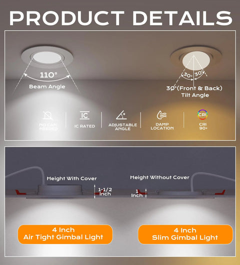 Diagram showing 4 Pack 4 Inch Swivel LED Recessed Light With Junction Box IC Rated Air Tight Ceiling Downlight specs.