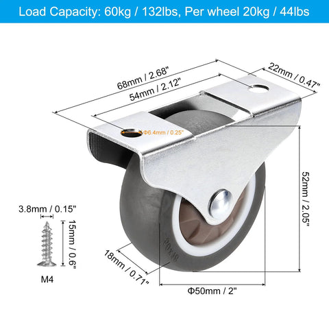 2 Inch Rigid Fixed Caster Wheels, 4 Pack Silent Plate Casters With M4 Screws, Total Load Capacity 132 Lbs, showing dimensions and screw size