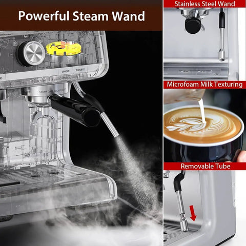 Semi Automatic Espresso Machine Featuring Built In Conical Burr Grinder And No Sweat Milk Frother Steam Wand With 20 Bar Pressure stainless steel steam wand producing microfoam for lattes.