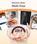 Smart Food Scale With Nutritional Calculator And Free App AI Scan showing shrimp calories and macros on screen