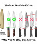Magnetic Oak Saya Cover For Sujihiki Slicer 270mm Blade with knife compatibility guide, shows correct and incorrect fits.