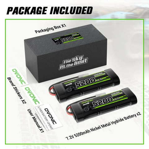 Package of 7.2V 5200mAh NiMH RC Battery, 6 Cell Pack with Tamiya Connector for RC Cars and Trucks, including manuals and stickers.