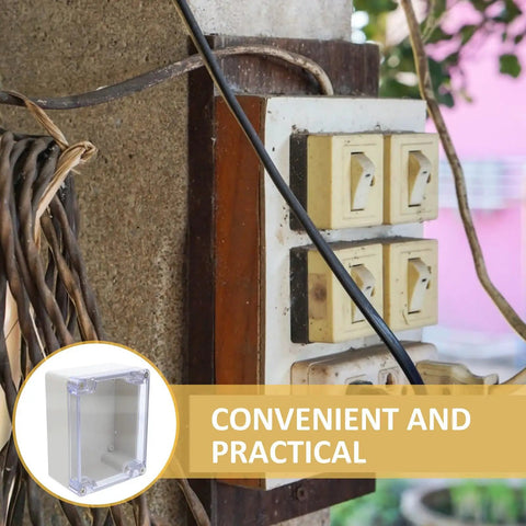 Heavy Duty Waterproof Plastic Junction Box With Tough Cover For Electrical Projects mounted next to electrical outlets.
